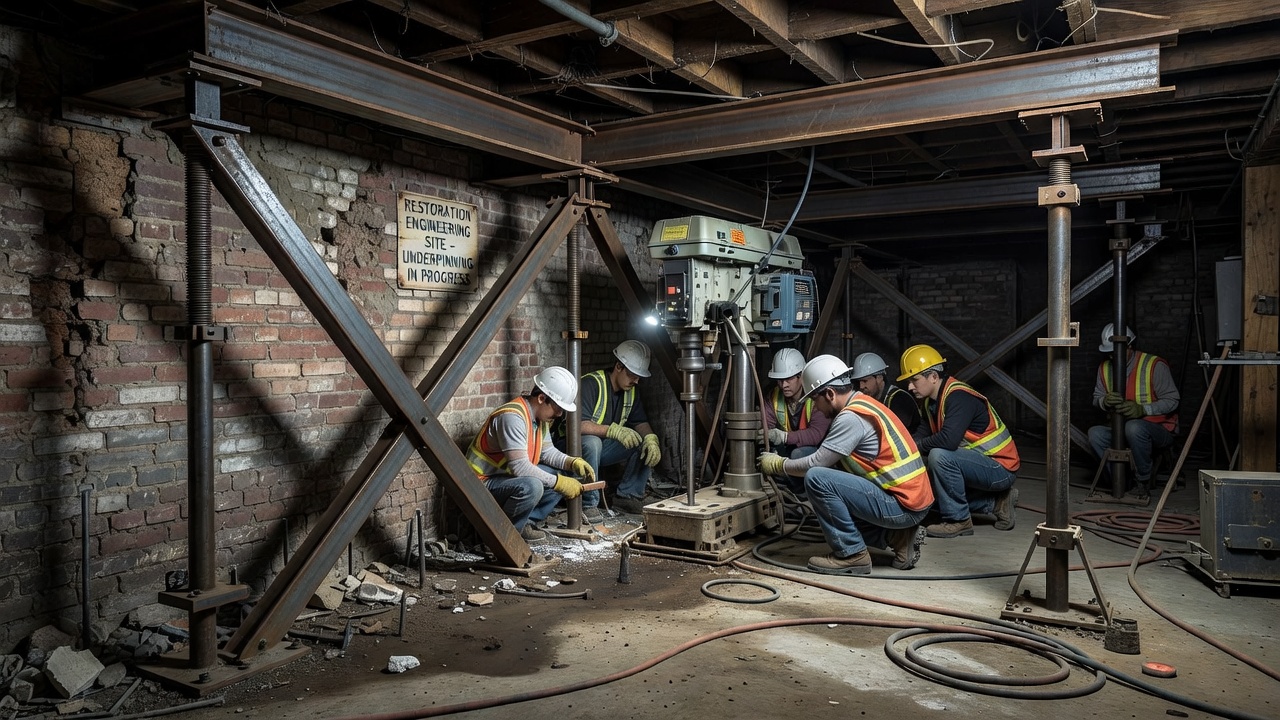 Historic building foundation underpinning project using micropiles in a cramped basement with low headroom drill rig