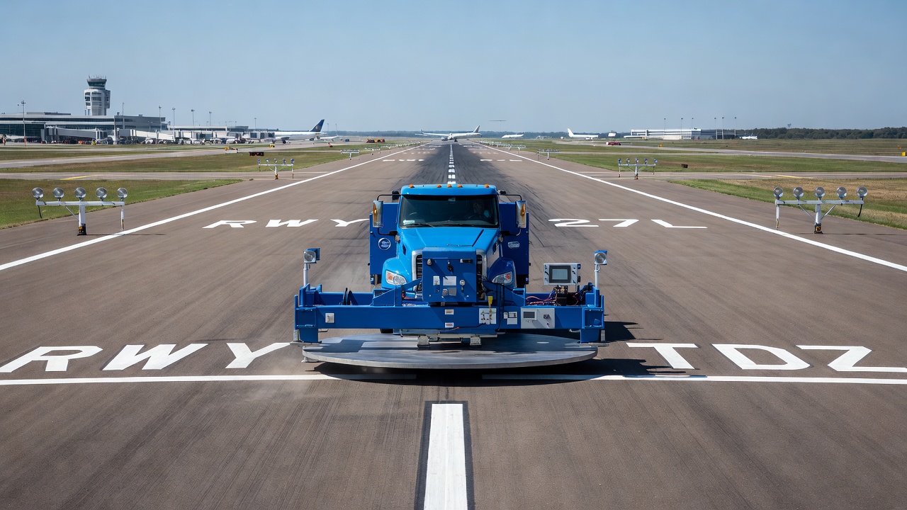 Falling-Weight-Deflectometer-(FWD)-Prüfgerät auf einer Flugplatzstartbahn zur strukturellen Bewertung