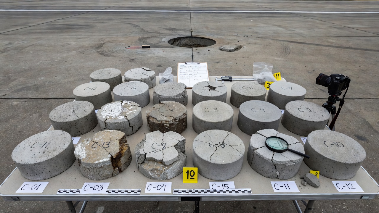 Concrete petrography laboratory with microscope, concrete samples, thin section slides and preparation equipment for forensic investigation