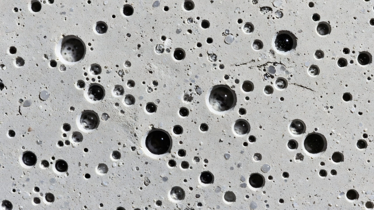 Coupe transversale microscopique de béton entraîné d'air montrant des vides d'air sphériques distribués dans la pâte de ciment