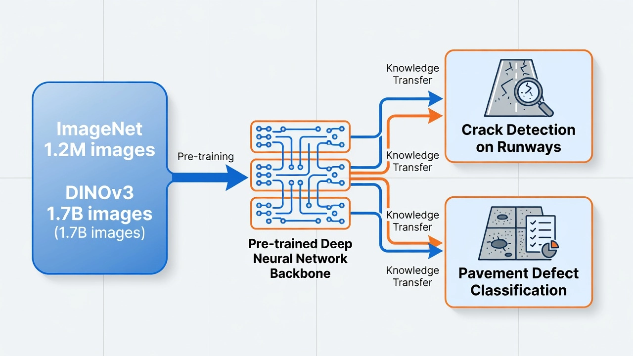 Transfer learning pipeline visualization showing knowledge transfer from large generic datasets to specialized infrastructure inspection tasks