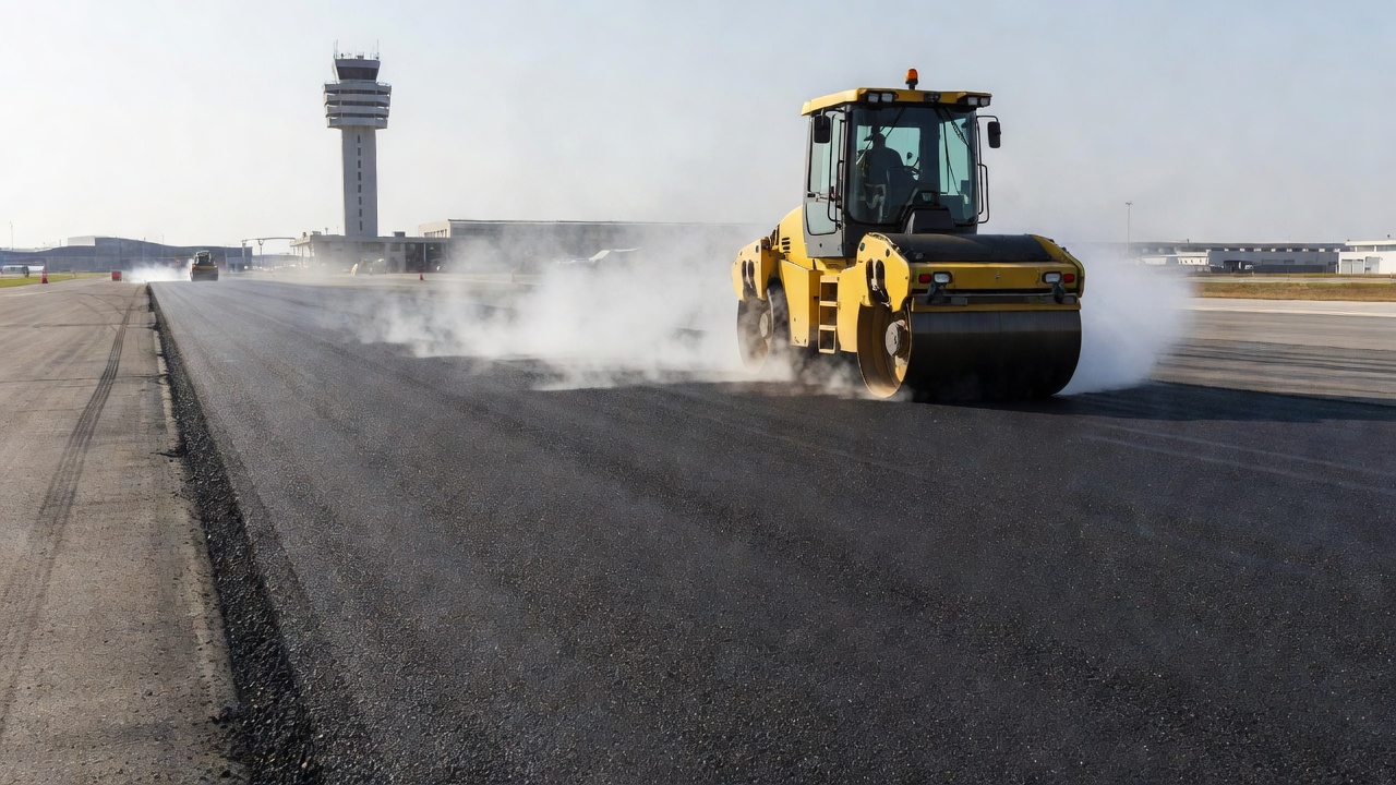 Couche de roulement en enrobé bitumineux à chaud fraîchement posée sur une piste aéroportuaire en cours de compactage par un rouleau vibrant lourd avec de la vapeur s'élevant
