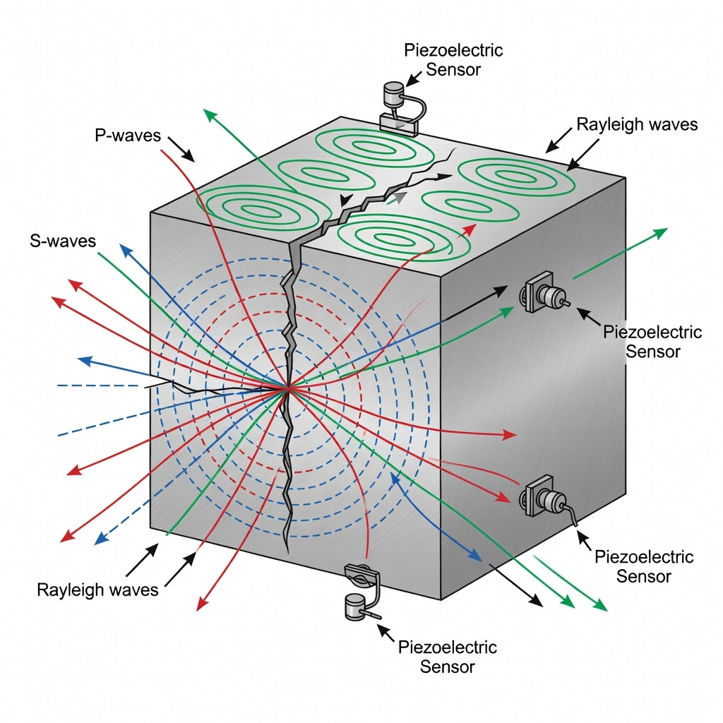 Acoustic emission stress wave propagation diagram showing P-waves, S-waves, and Rayleigh waves radiating from a crack tip through steel material to surface-mounted piezoelectric sensors