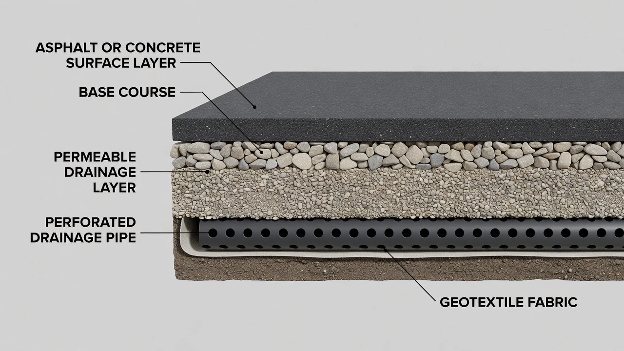 Illustration en coupe transversale des couches de chaussée montrant un système de drainage souterrain avec base perméable et drain de rive