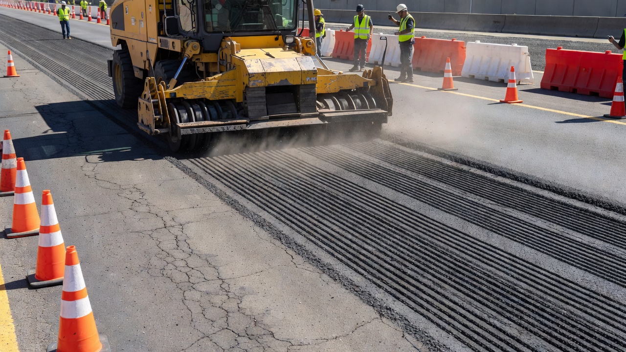 Asphalt milling machine cold planing a road surface during pavement removal for RAP production