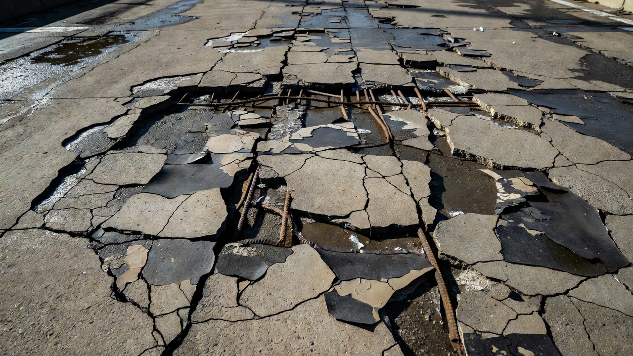 Deteriorated concrete bridge deck with spalling, exposed corroded rebar, cracking caused by water infiltration and failed waterproofing membrane