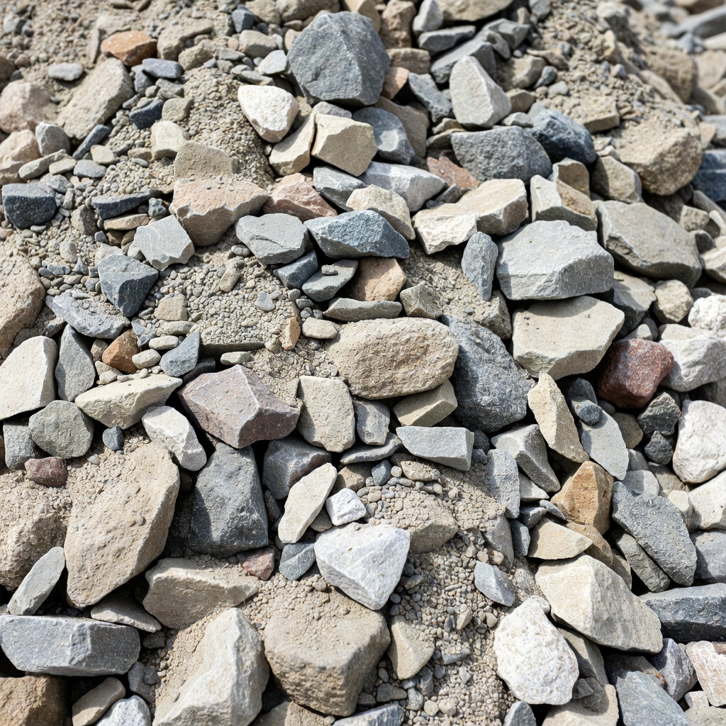Photographie en gros plan du matériau de couche de base en pierre concassée montrant des particules angulaires et un mélange granulaire bien gradué