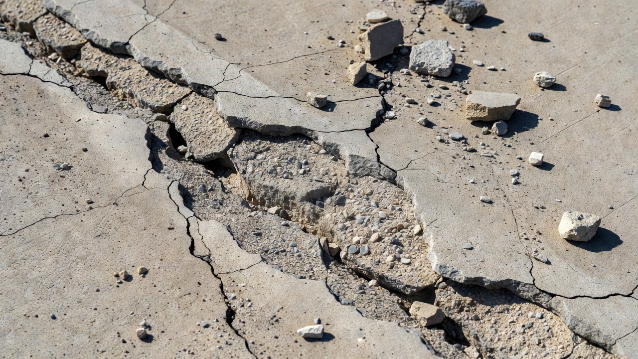 Spalling severo de concreto en una junta de pista de aeropuerto que muestra bordes rotos y agregado expuesto