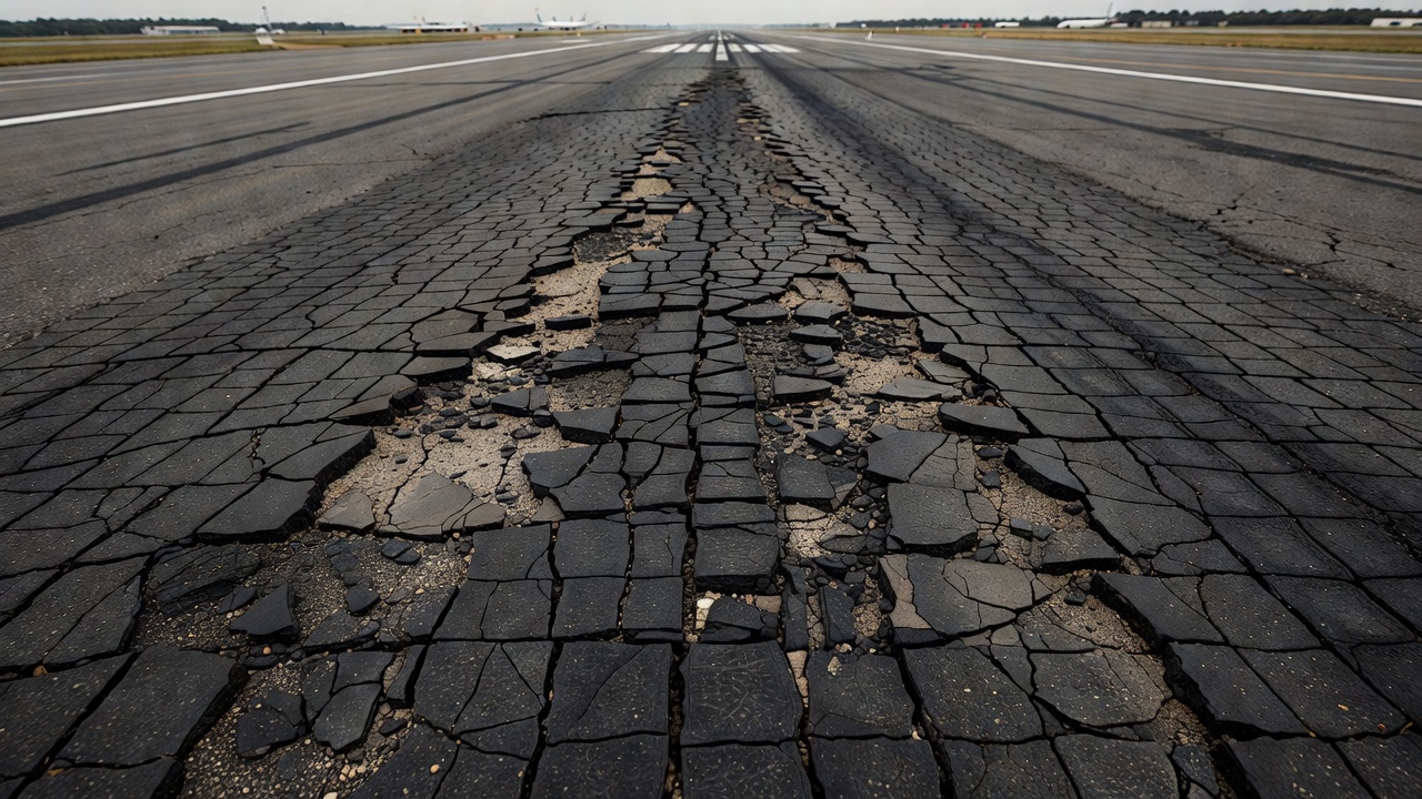 Airport runway asphalt pavement showing alligator fatigue cracking in the wheel path zone with interconnected crack pattern on airfield infrastructure