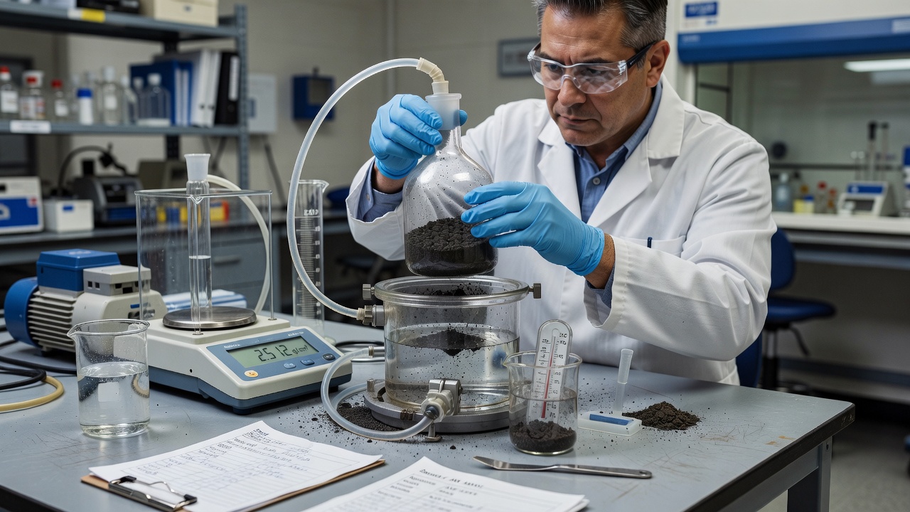 Laboratoire asphaltique avec un technicien effectuant l'essai Rice pour la densité maximale théorique d'un échantillon de mélange asphaltique