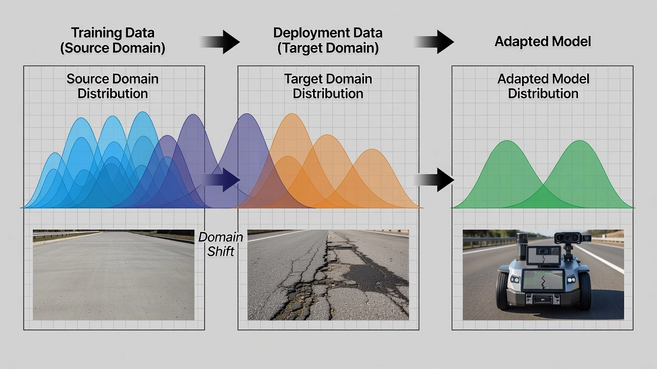 Visual representation of domain shift showing source and target data distributions in machine learning for pavement inspection
