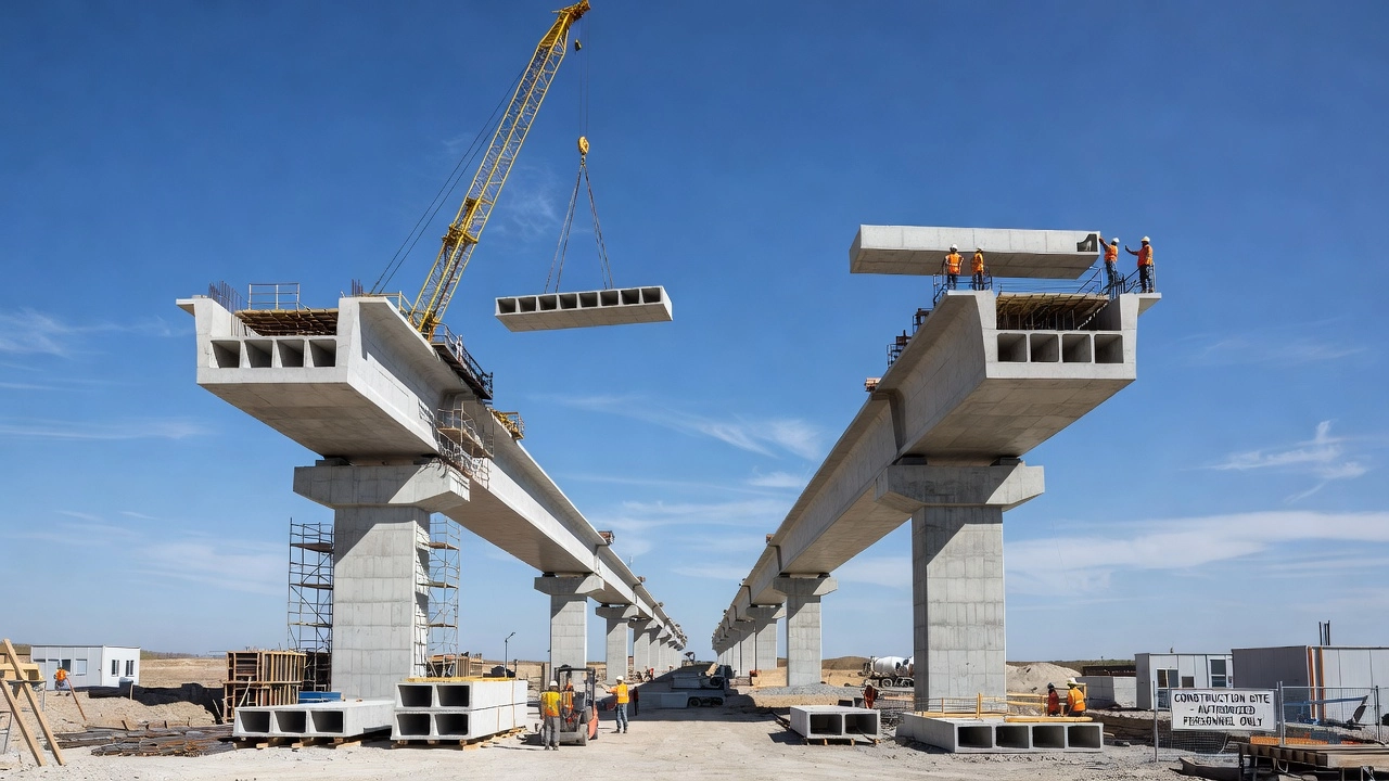 Grand pont segmentaire en caisson de béton en construction utilisant la méthode de l'encorbellement équilibré, avec des segments préfabriqués soulevés par une grue sur de hautes piles