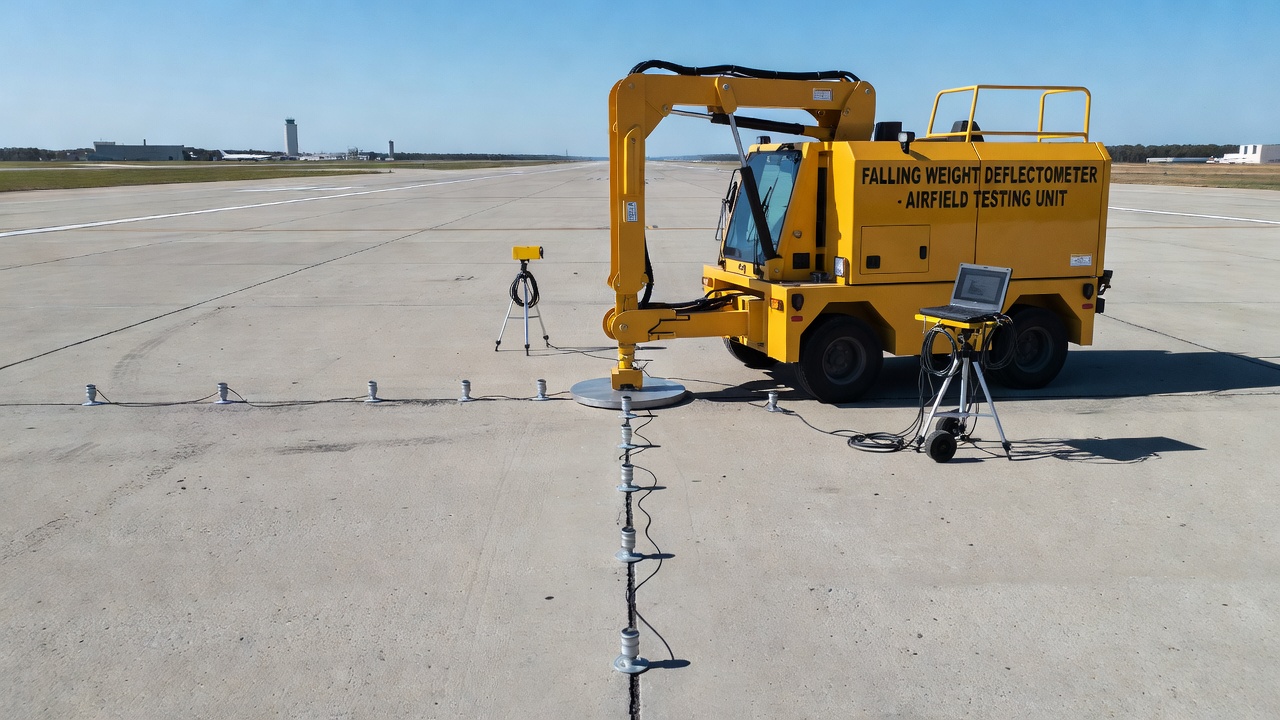 Falling Weight Deflectometer testing on airport runway concrete pavement with load plate positioned over transverse joint