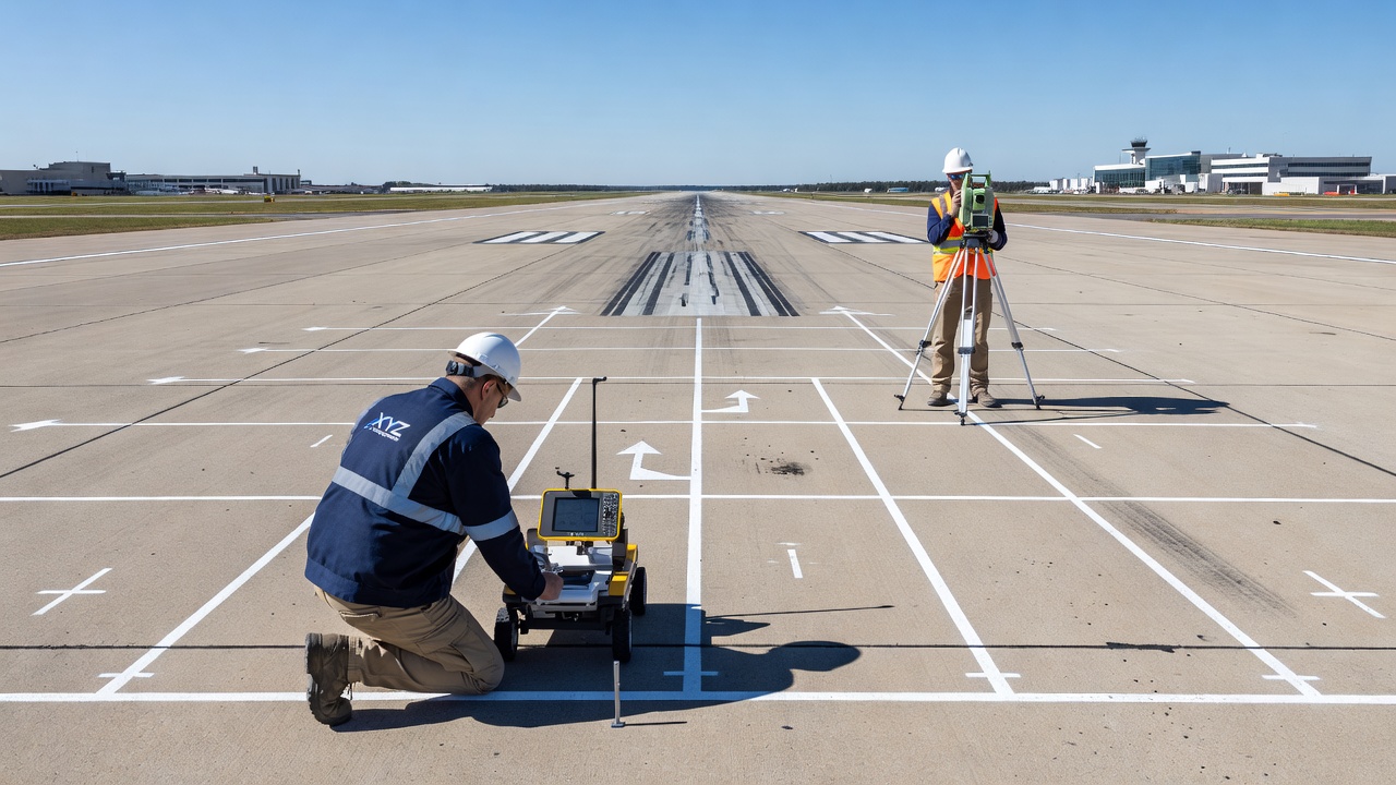 Équipement de relevé sur chaussée de piste d'aéroport - opérateur avec rover GPS mesurant la pente longitudinale et le profil de la piste