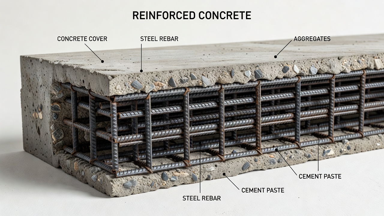 Reinforced concrete cross-section showing concrete cover over steel reinforcement bars