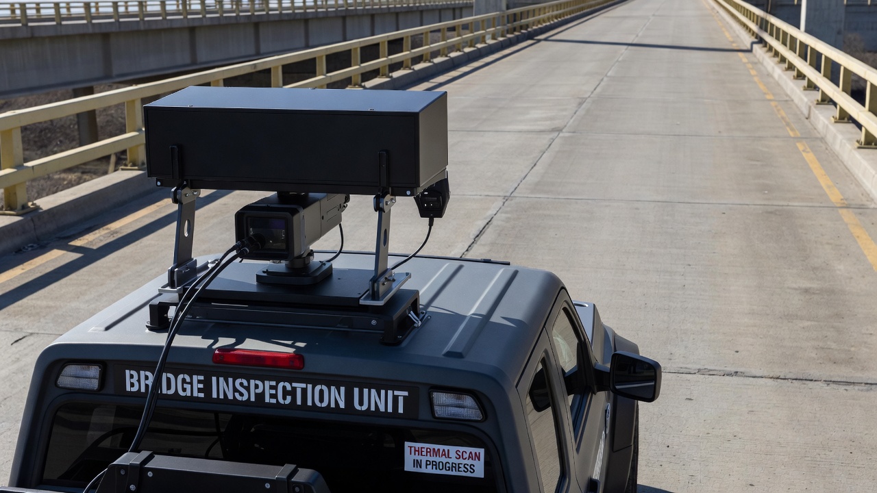 Vehicle-mounted infrared thermography system scanning a concrete bridge deck for delamination detection
