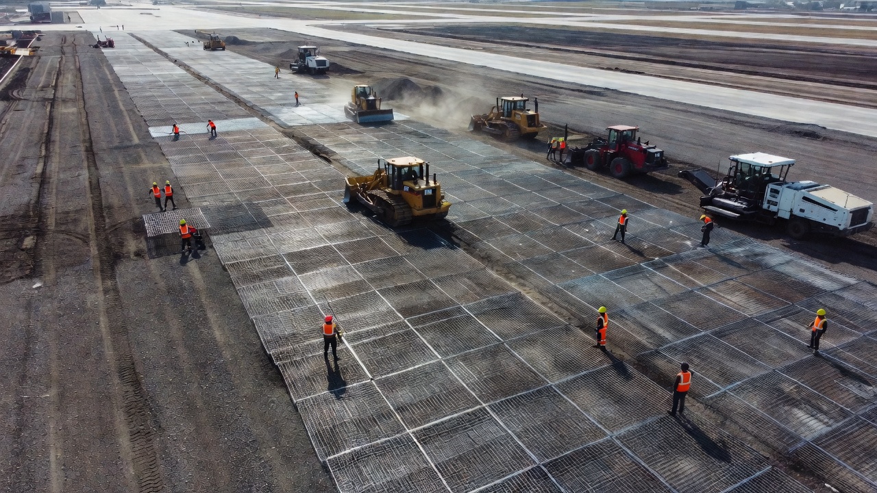 Photographie aérienne par drone de la construction d'une chaussée aéroportuaire en béton avec le treillis soudé déployé sur une grande surface de tarmac