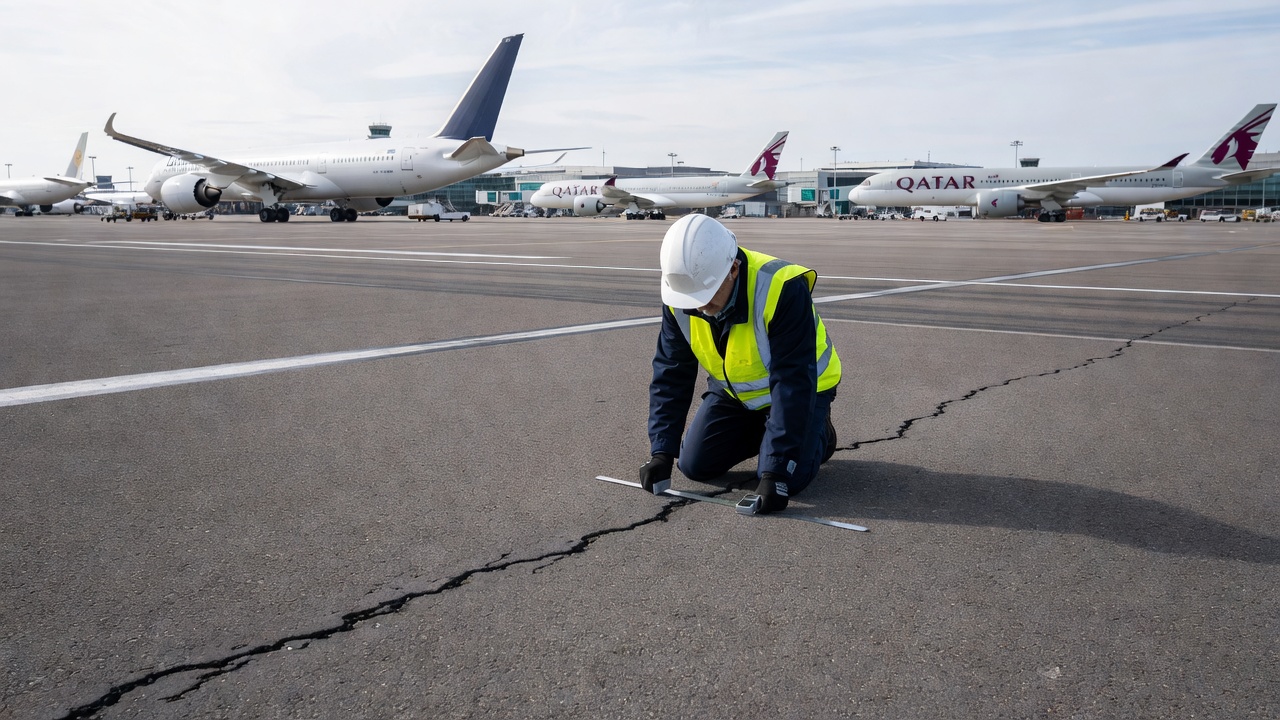 Ingénieur civil inspectant l'état d'une chaussée bitumineuse de piste d'aéroport avec un aéronef en arrière-plan