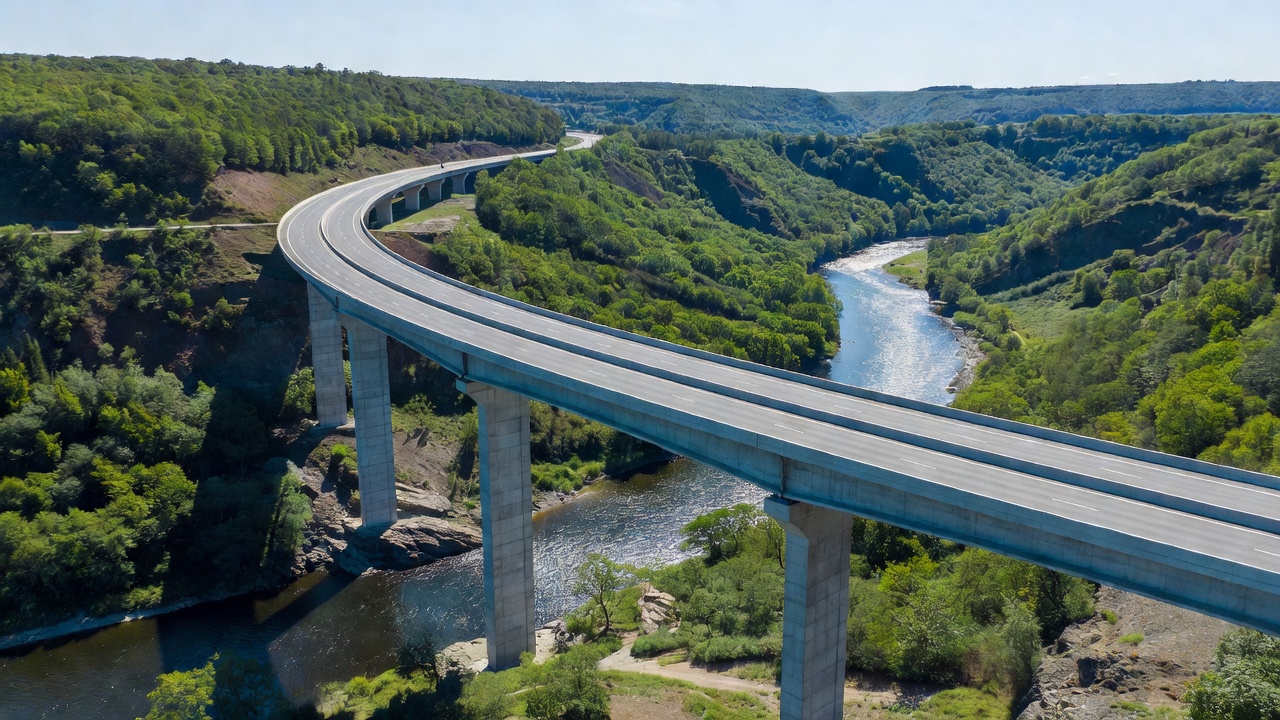 Vue aérienne d'un pont segmentaire courbe en béton achevé traversant une vallée fluviale avec de multiples piles et une section transversale en caisson