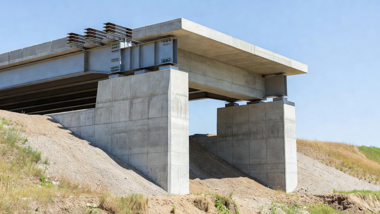 Structure de culée de pont en béton supportant un pont autoroutier avec murs en aile et remblai d'approche