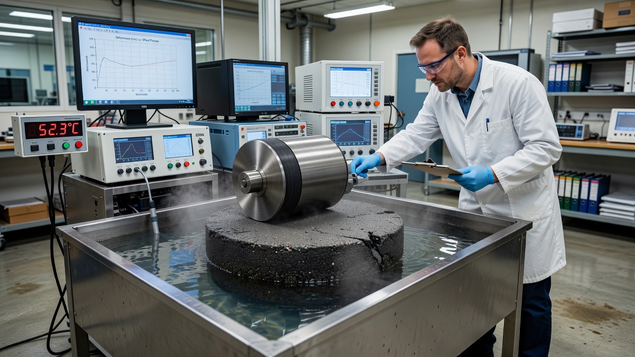 Labor-Hamburg-Spurrinnentestgerät mit verdichteter Asphaltprobe in temperiertem Wasserbad