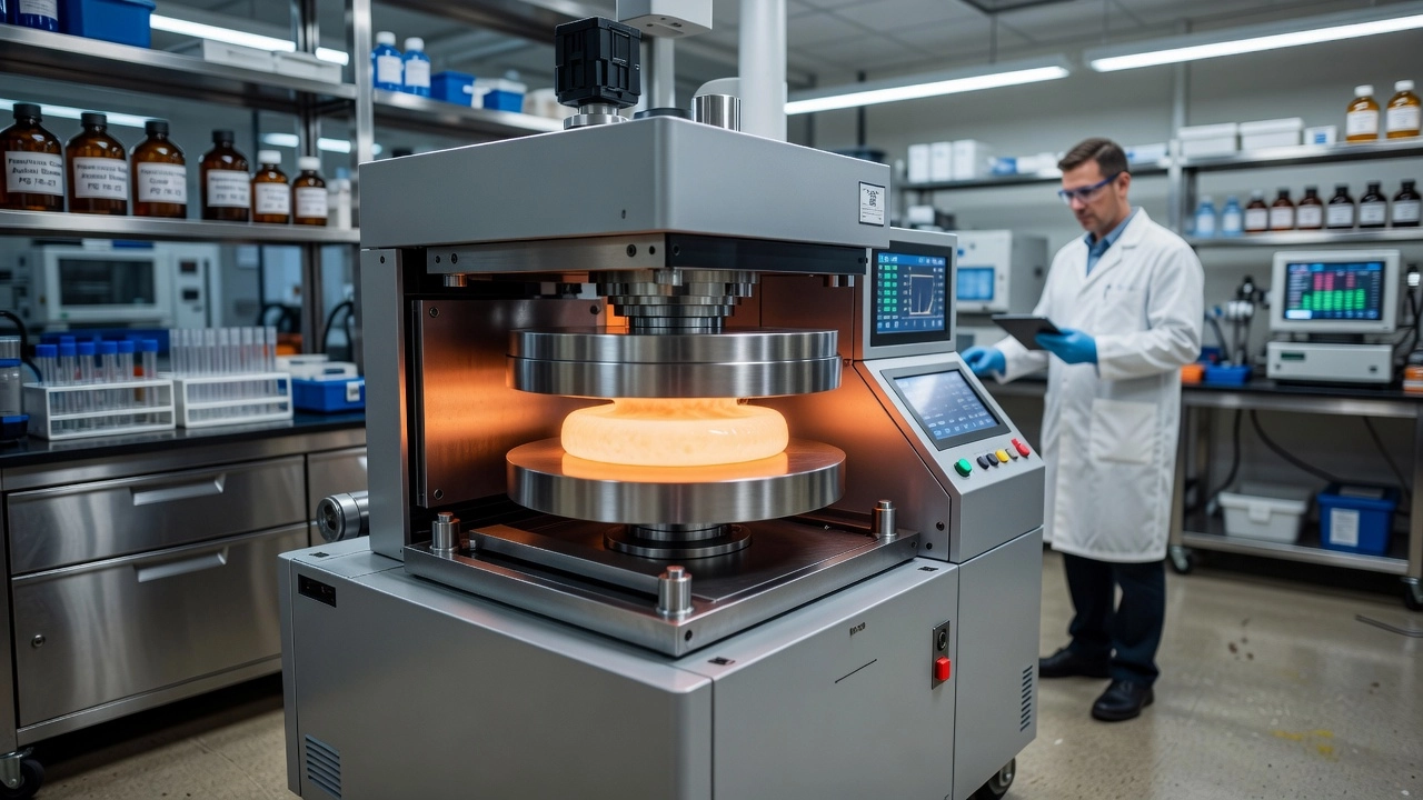 Dynamic Shear Rheometer DSR instrument in an asphalt materials testing laboratory with parallel plate geometry testing an asphalt binder sample