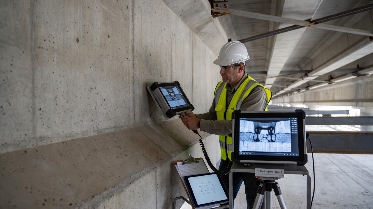 Essai non destructif d'une poutre de pont en béton précontraint utilisant un équipement de tomographie ultrasonore pour la détection des vides d'injection