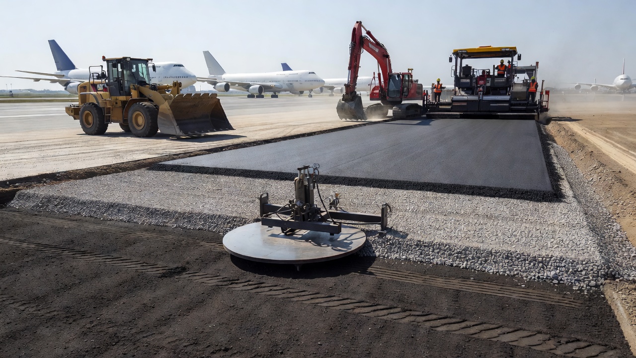 Construction de chaussée aéroportuaire avec montage d'essai de plaque sur la couche de sol de fondation