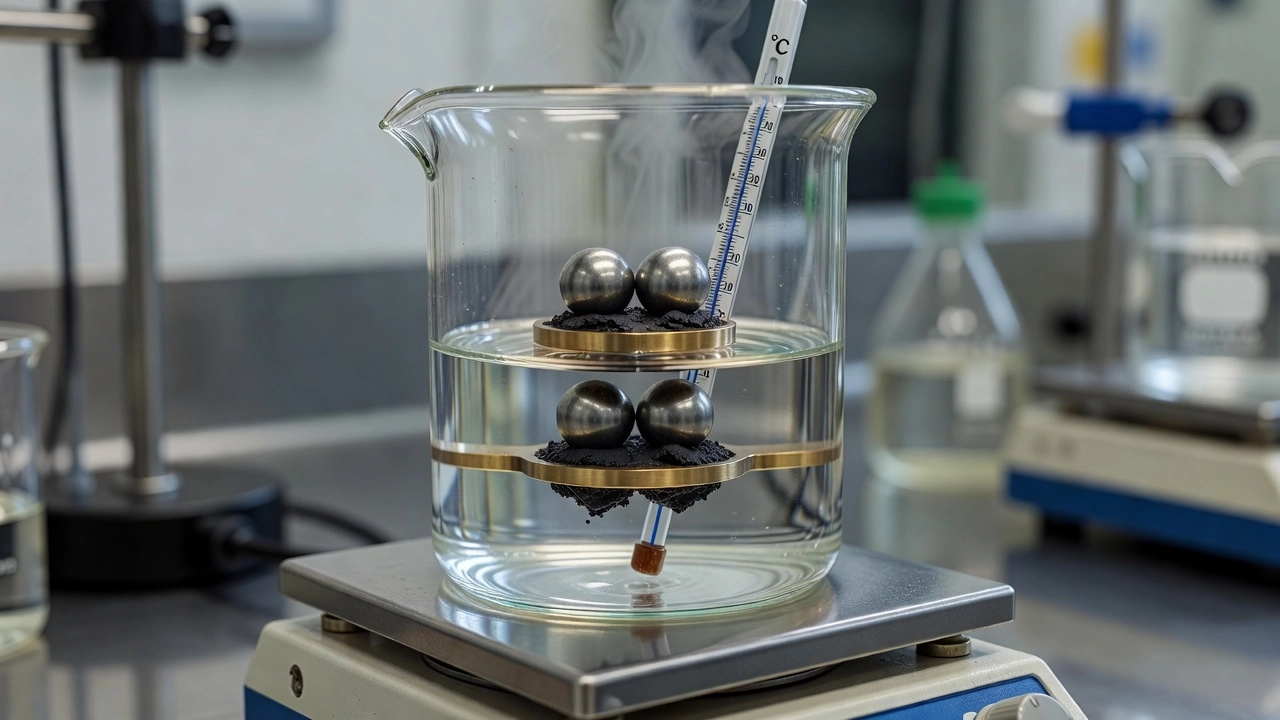 Softening point ring and ball test apparatus for asphalt binder testing with steel balls on asphalt samples in a glass beaker with thermometer in laboratory water bath