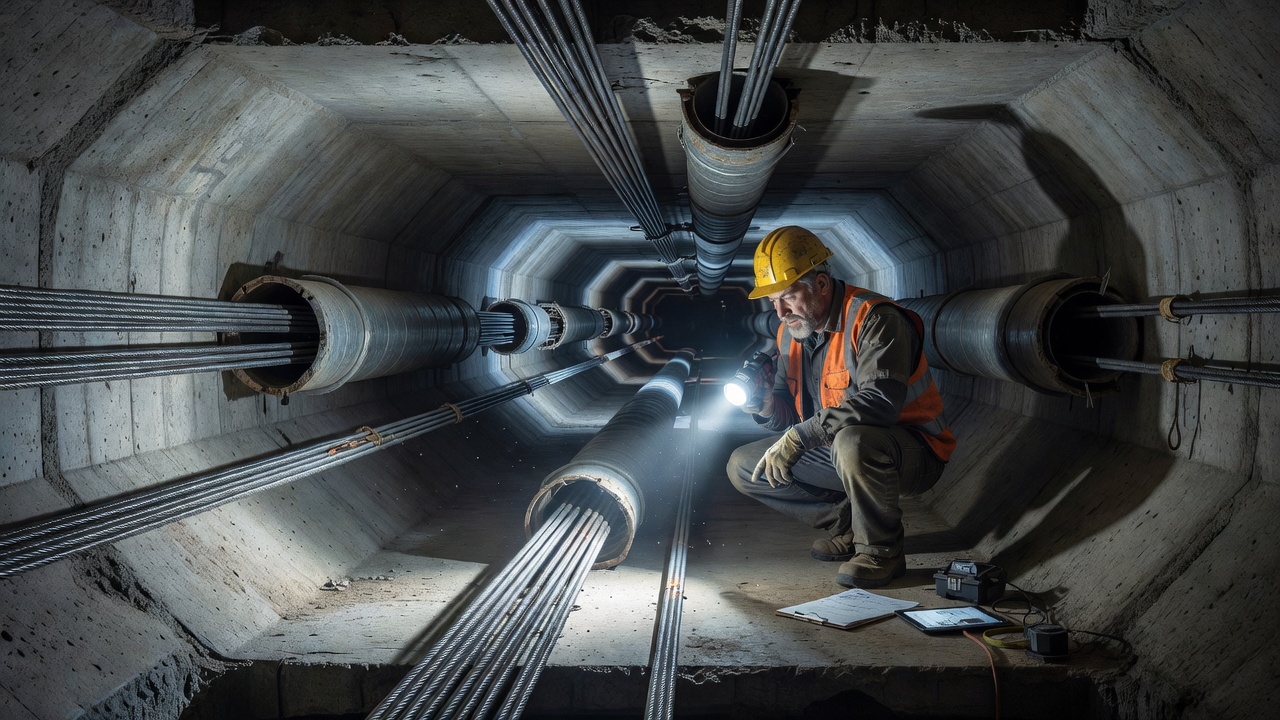 Inspection interne d'un pont caisson en béton montrant un inspecteur examinant les câbles et gaines de post-tension à l'intérieur de la section creuse du pont avec une lampe torche