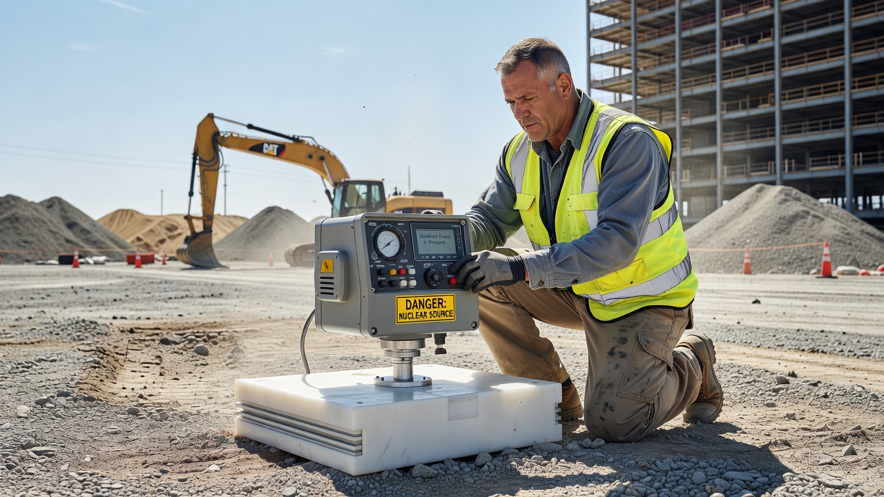 Technicien de génie effectuant une vérification d'étalonnage par comptage standard quotidien avec une jauge de densité nucléaire placée sur un bloc de référence en plastique blanc sur un chantier de construction