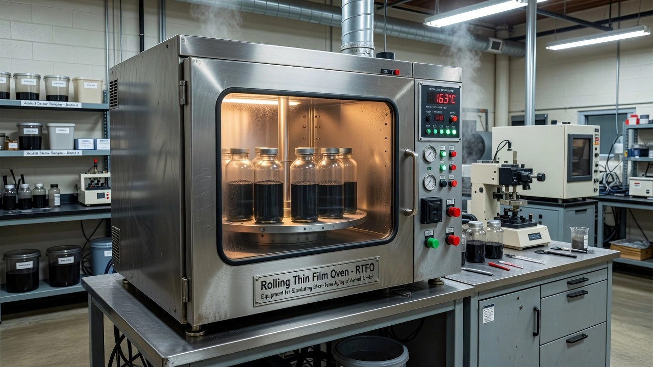 Rolling Thin Film Oven RTFO testing equipment for asphalt binder short term aging simulation with rotating glass bottles in a heated convection oven chamber