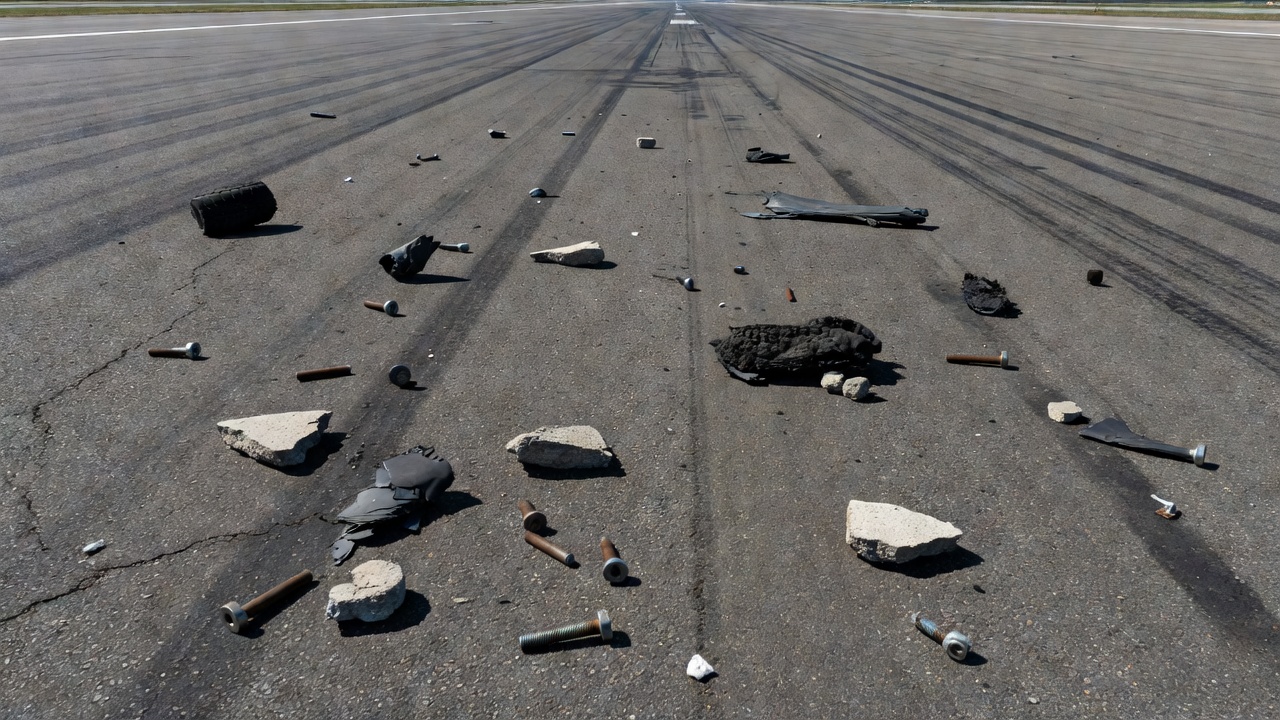 Photographie aérienne de la surface d'une piste aéroportuaire avec des débris visibles incluant des boulons métalliques, des fragments de chaussée et des résidus de pneus dispersés sur l'asphalte