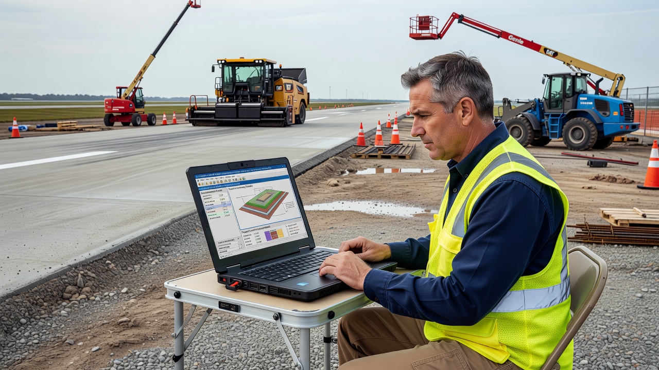 Ingénieur utilisant le logiciel de conception de chaussées aéroportuaires FAARFIELD sur un chantier de construction avec une piste et des équipements visibles en arrière-plan