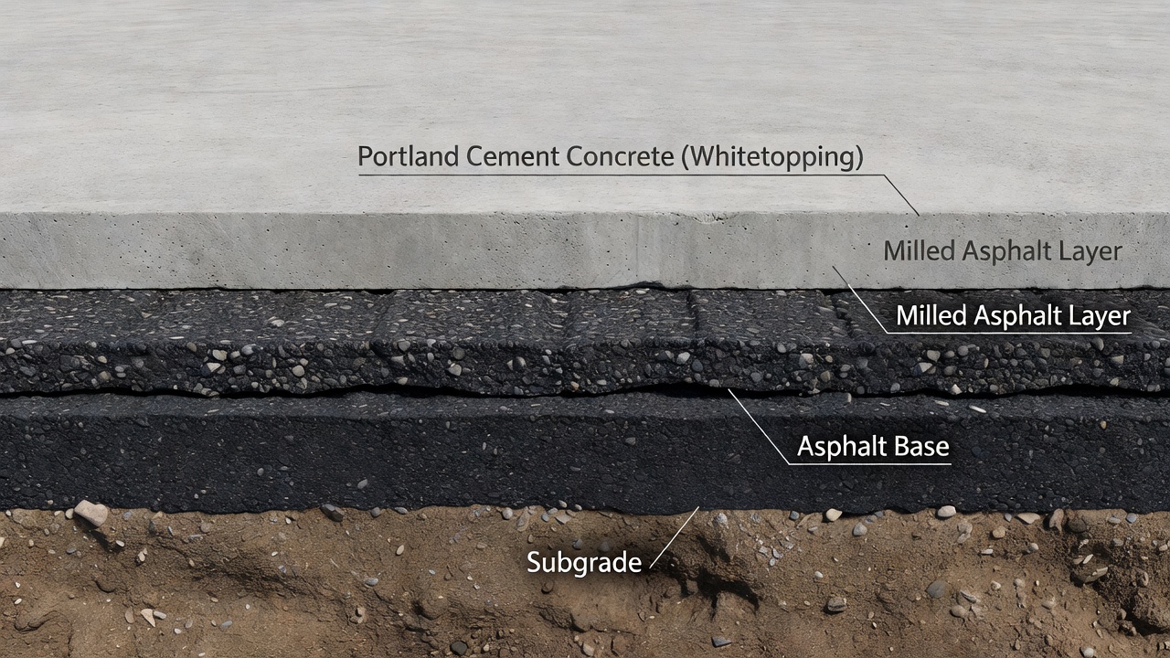 Schéma en coupe du whitetopping montrant un revêtement en béton sur chaussée en enrobé fraisée