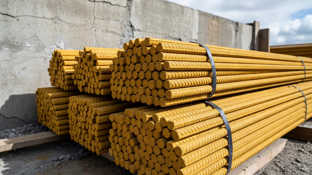 Barres d'armature composites PRFV jaunes empilées sur un chantier de construction avec texture de surface sablée