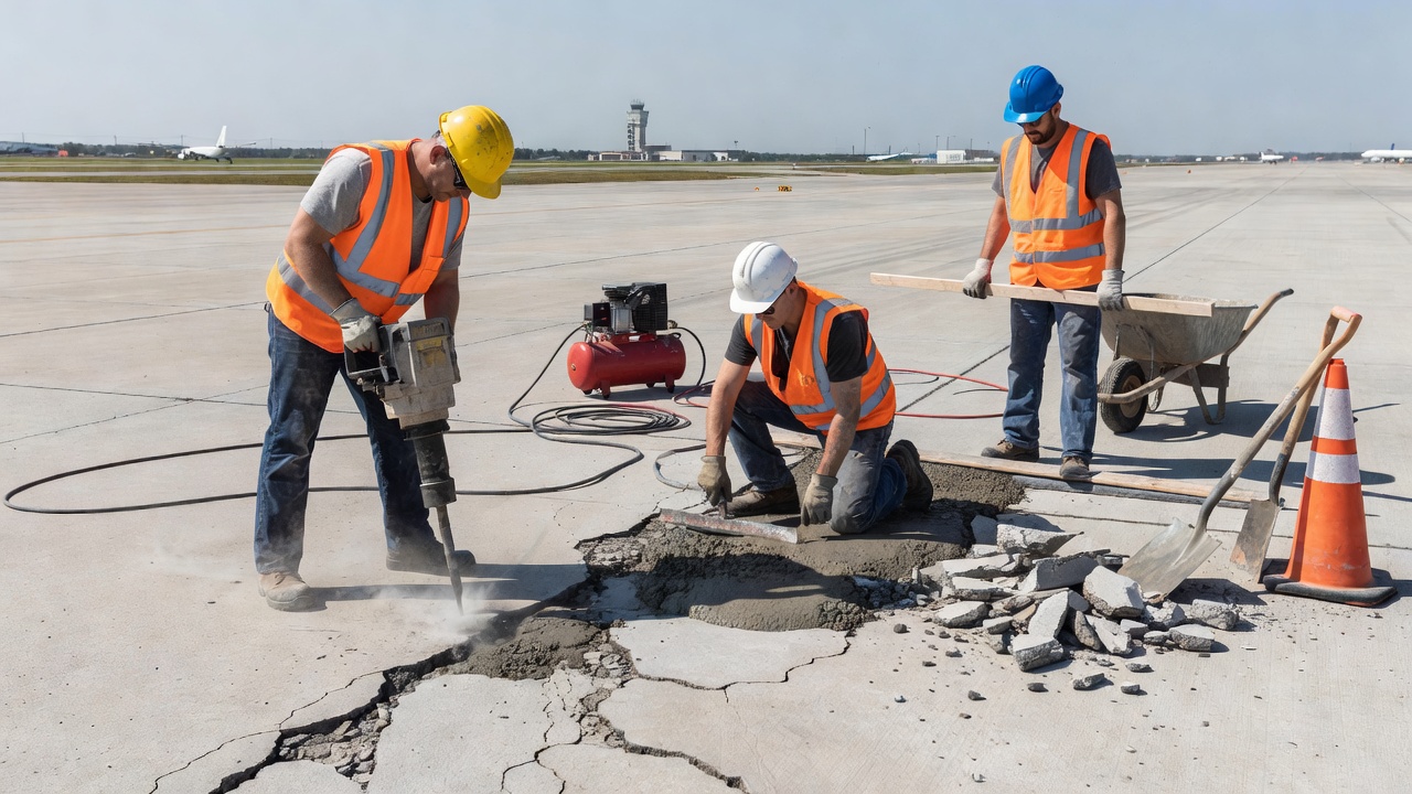 Reparación de profundidad parcial en pavimento de concreto en spalling de junta de pista de aeropuerto