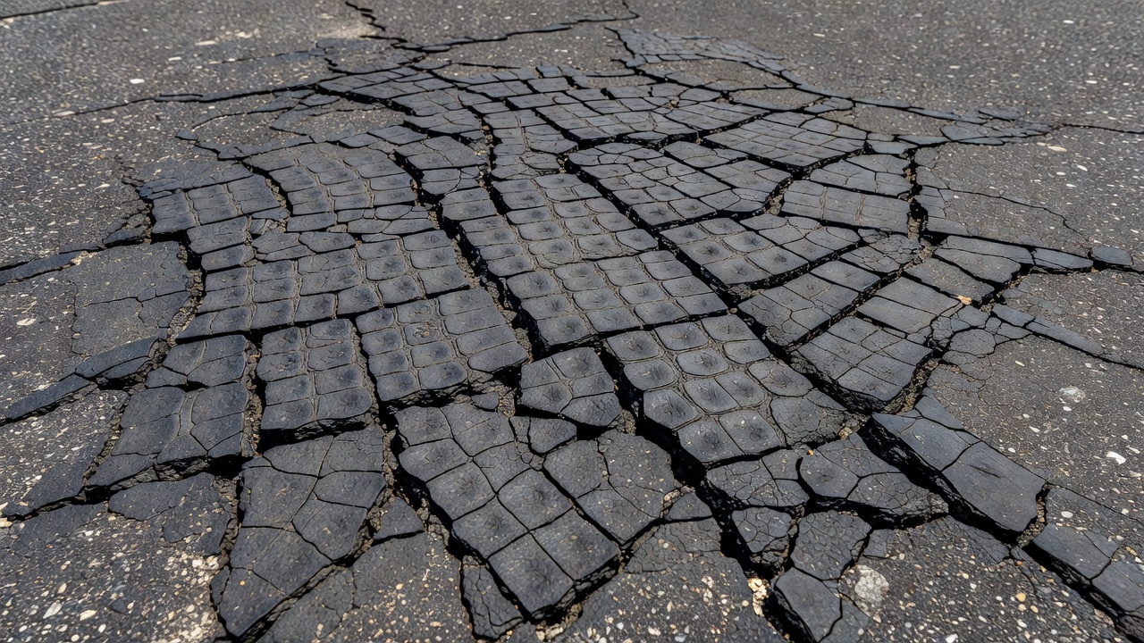 Severe alligator fatigue cracking on asphalt pavement surface showing interconnected crack pattern resembling reptile skin with spalling at crack edges
