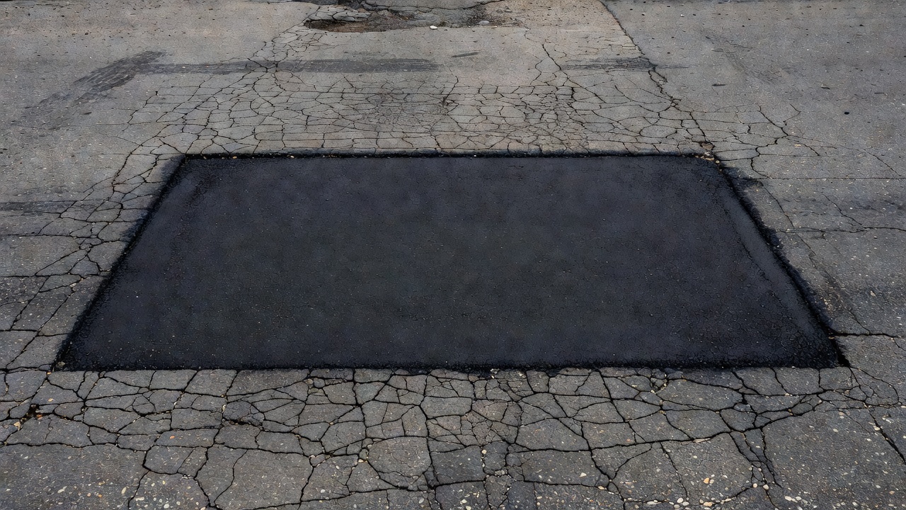 Asphalt pavement repair patch showing rectangular saw-cut section where alligator cracked pavement was removed and replaced with fresh asphalt, contrast between old and new surface
