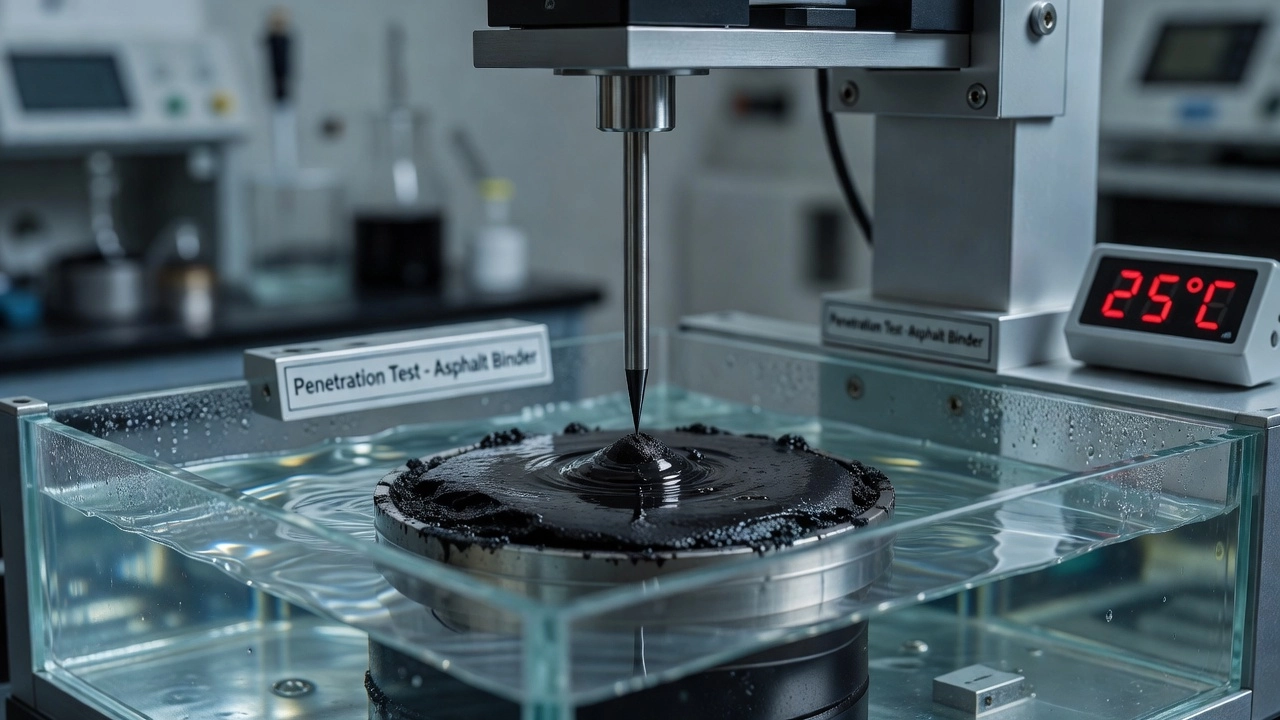Penetration test apparatus for asphalt binder testing showing a standard needle penetrating a black asphalt sample in a controlled temperature water bath
