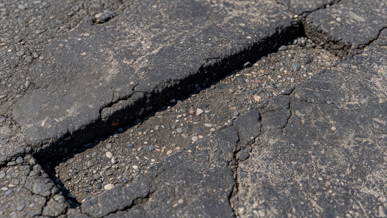 Gros plan d'un réservoir de fissure rainuré rectangulaire dans une chaussée en enrobé prêt pour le mastic