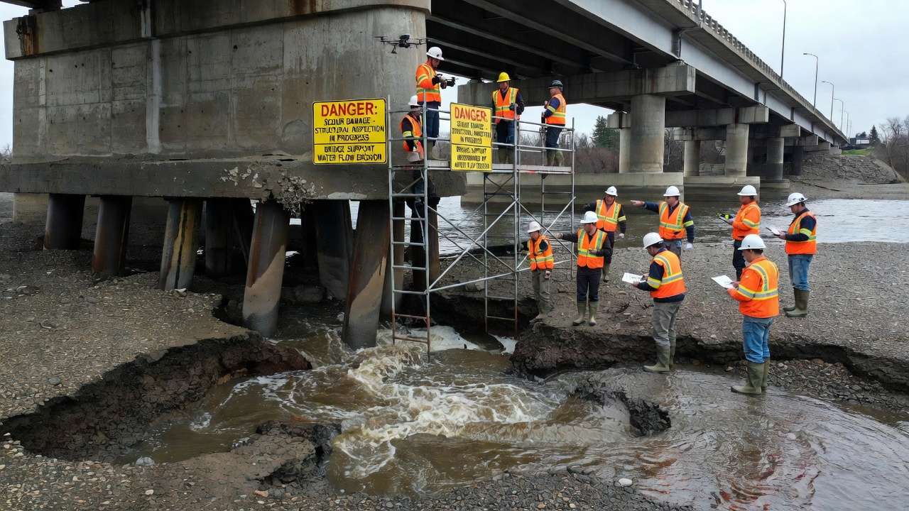 Gros plan d'une culée de pont avec fissures d'écaillage du béton et corrosion exposée des armatures