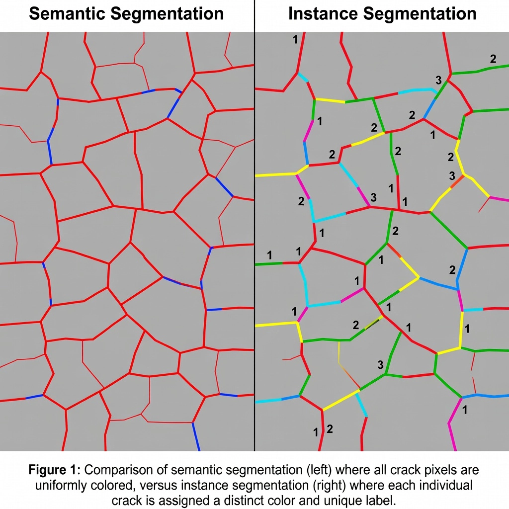 Technical comparison illustration showing semantic segmentation vs instance segmentation on pavement cracks with different color coding per defect