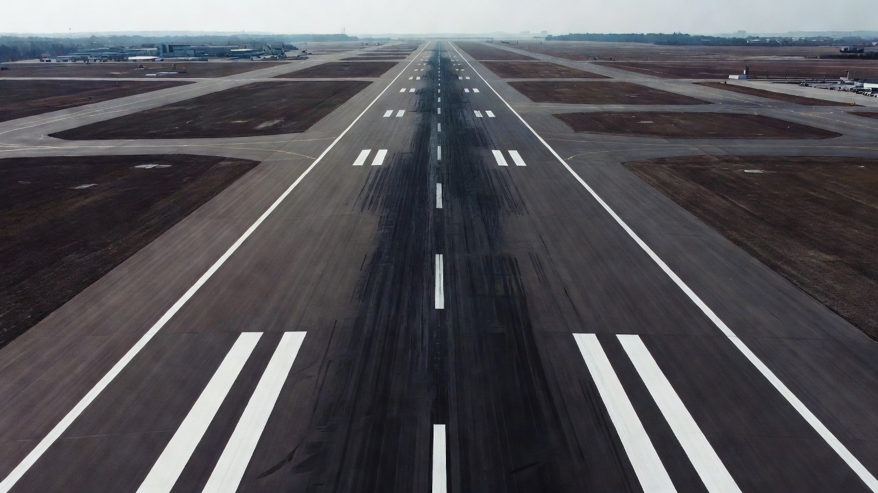 Vue aérienne d'une longue piste d'aéroport montrant la pente longitudinale le long de la direction de circulation avec les marques axiales