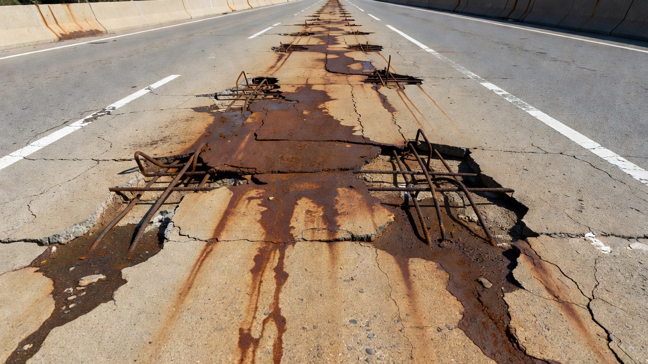 Corrosion damage on reinforced concrete bridge deck showing rust staining and spalling