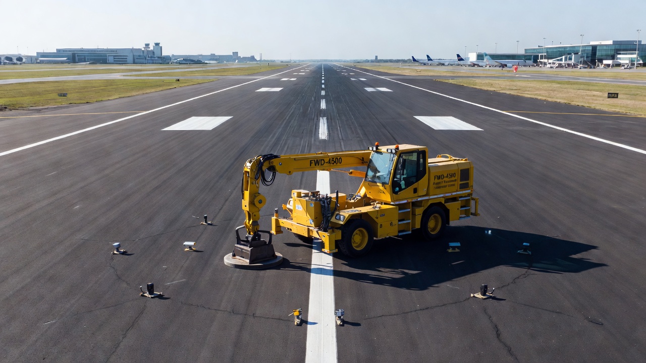 Équipement d'essai au déflectomètre à masse tombante sur une chaussée de piste aéroportuaire pour évaluation structurelle