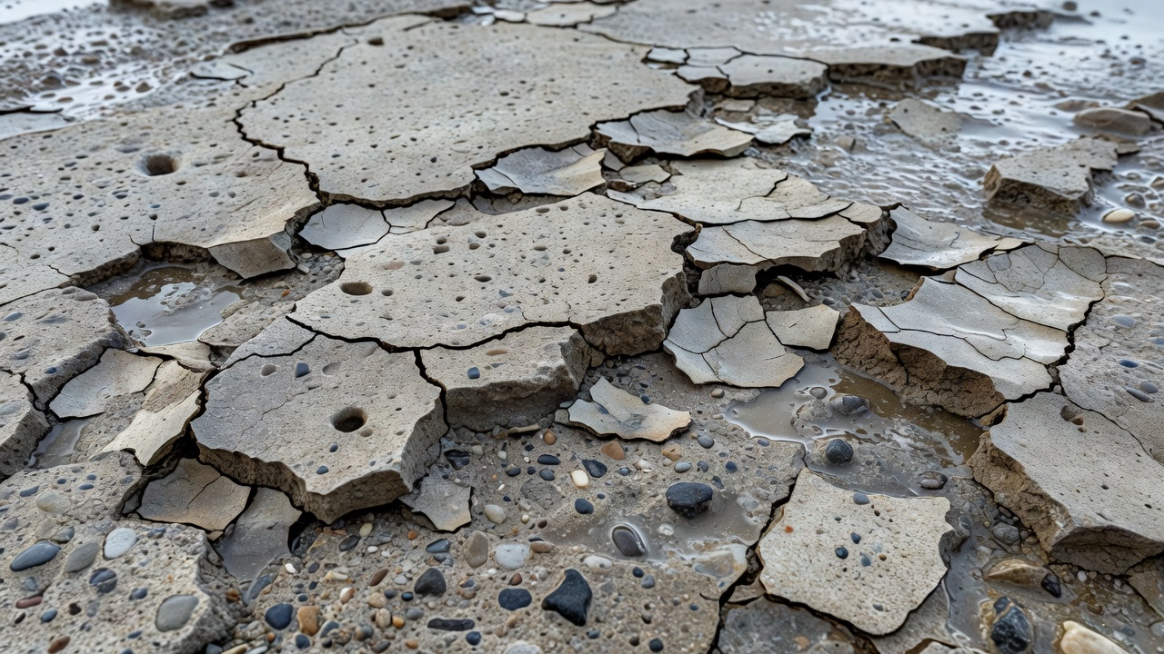 Close-up of freeze-thaw induced concrete scaling showing pitted surface with exposed aggregate and deteriorating cement paste