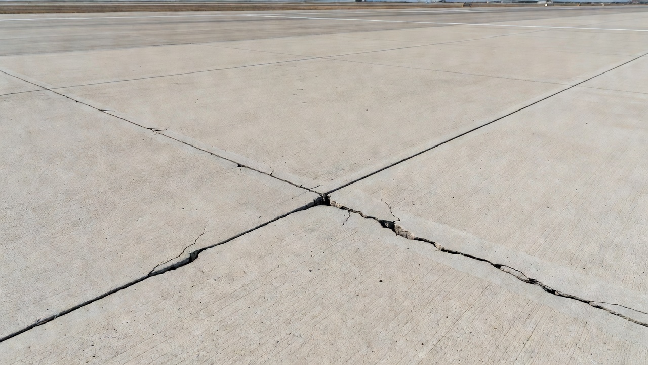 Diagonal corner break crack on concrete pavement slab at joint intersection, typical fatigue cracking from curling stress