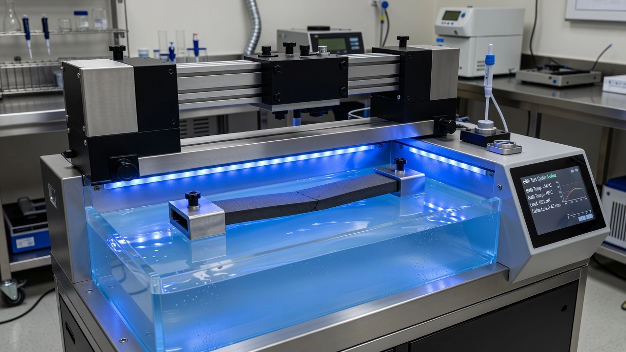 Bending Beam Rheometer BBR instrument in a temperature controlled ethanol fluid bath testing an asphalt binder beam specimen for low temperature performance evaluation