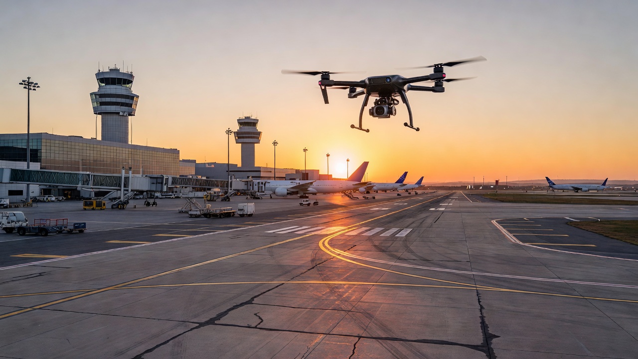Drone flying over airport runway at sunrise for pavement inspection data capture